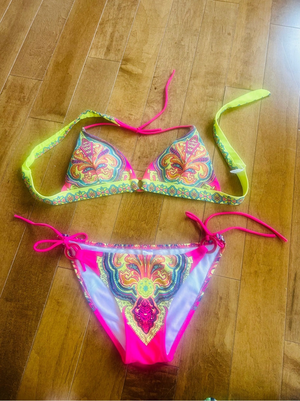 Neon Pink & Yellow Paisley Print Bikini